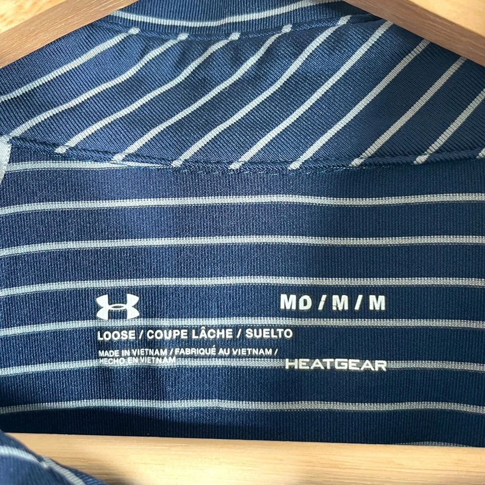 🦜 Under Armour Heatgear Polo Shirt Mens MEDIUM Blue Striped Polyester Golf - Picture 4 of 6
